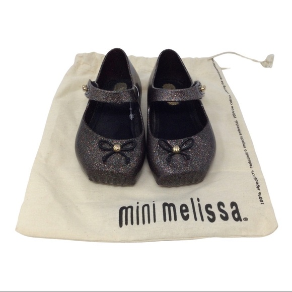 Mini Melissa Black Mary Jane Ballet Flats Glitter Shoes - Picture 1 of 7